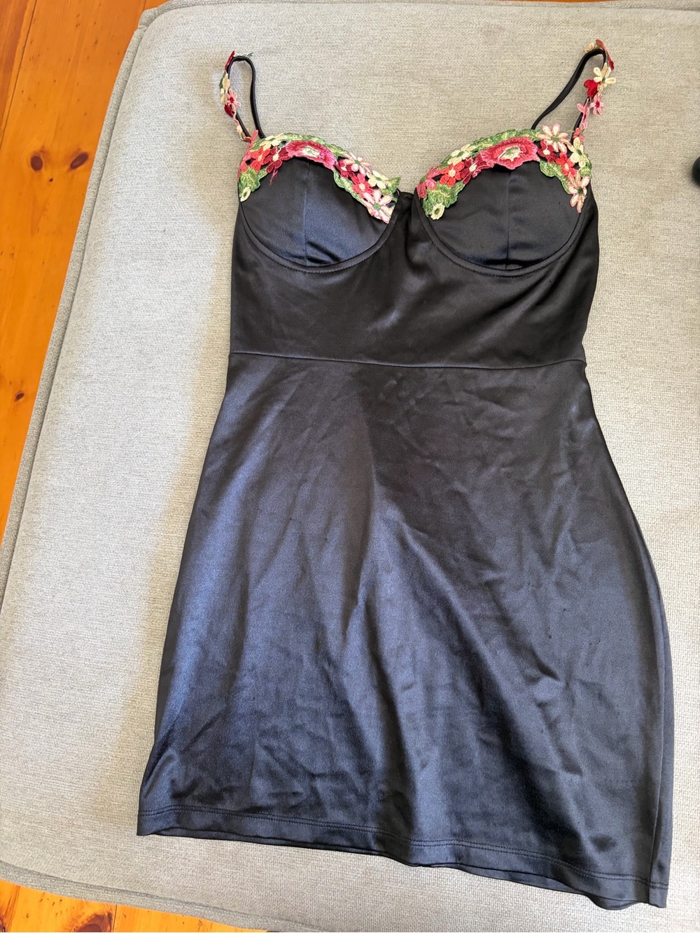 Windsor Black Slip Dress with Pink and Green Floral Trim